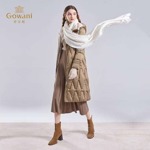 乔万尼保暖长款白鸭绒收腰过膝系带连帽设计修身羽绒服EM4T660 商品图2