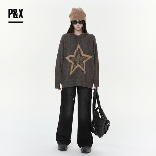 P&X设计师女装2025冬季连帽中长款毛衣保暖套头825418188 咖色 商品图1