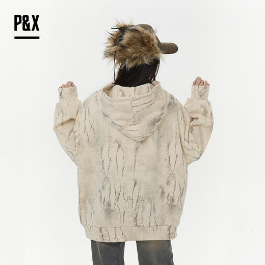 P&X设计师女装2025冬季连帽扎染高街中长款卫衣 825417150 杏色 商品图4