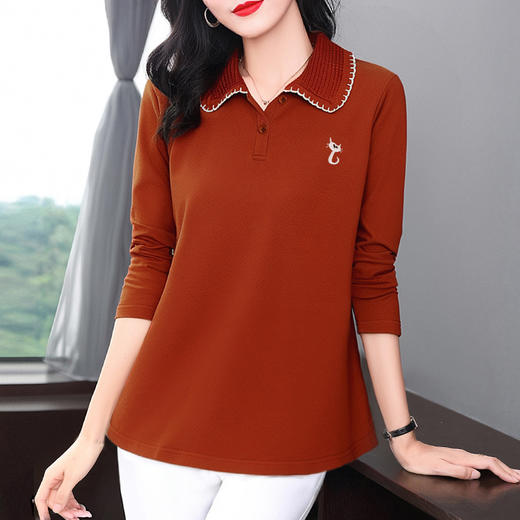 中年妈妈秋装长袖T恤女2026新款大码polo衫花边翻领上衣洋气减龄 商品图0