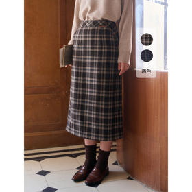 SimpleRetro复古羊毛呢高腰格纹半身裙女