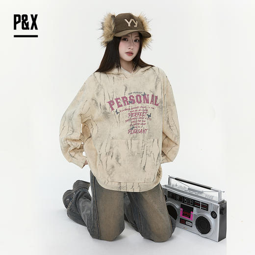 P&X设计师女装2025冬季连帽扎染高街中长款卫衣 825417150 杏色 商品图2