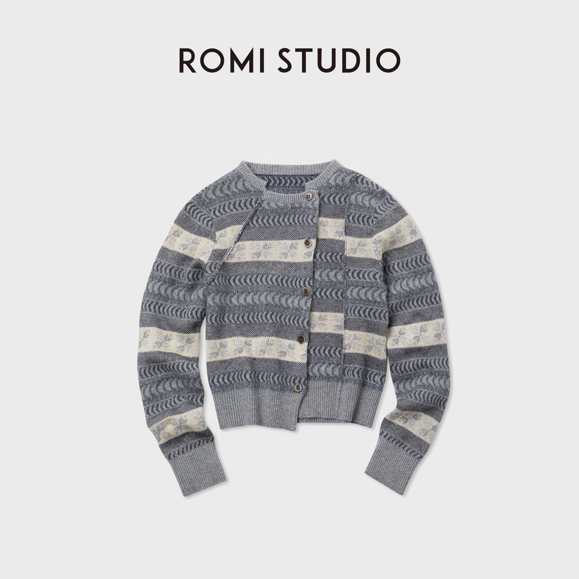 ROMI STUDIO12针浣熊绒羊毛混纺复古费尔岛毛织开衫RWCAST5410