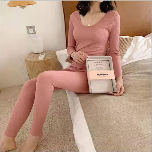 竖条螺纹小熊套装女士保暖内衣秋衣秋裤纯色无缝美体修身打底内衣 商品图1