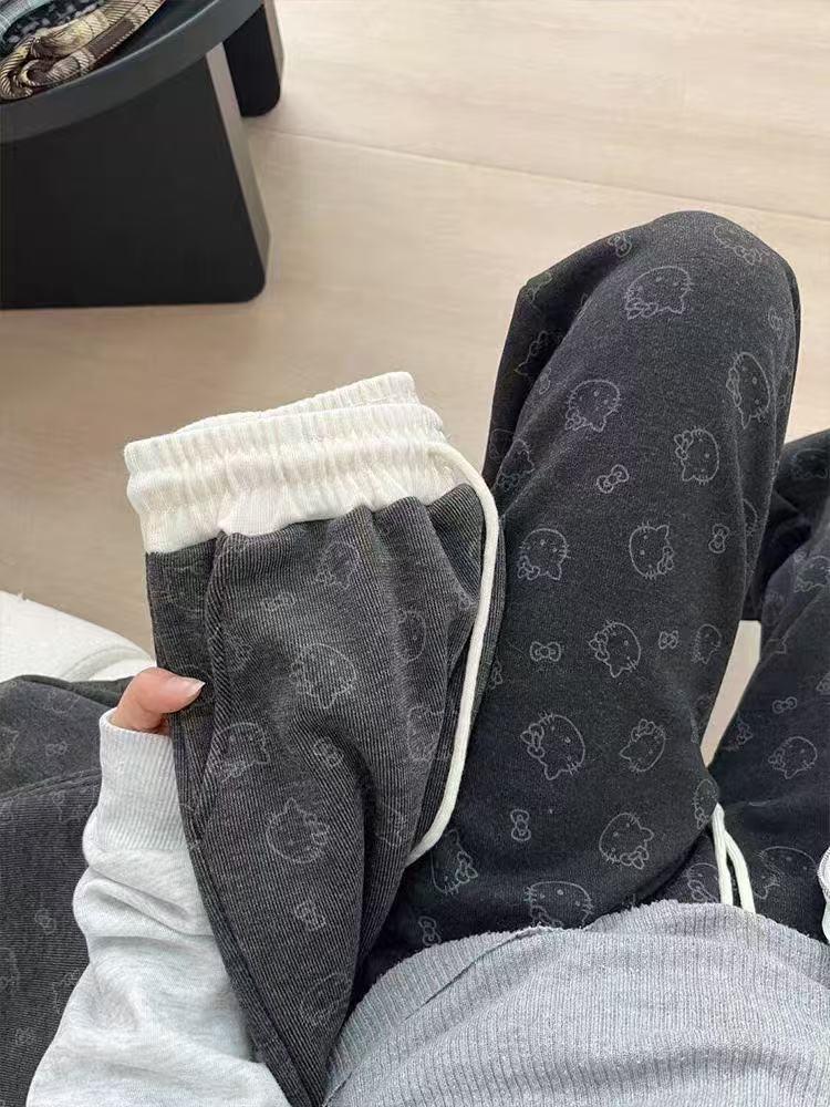 【YW】无忧购加绒款韩系可爱kitty猫腰头拼色休闲垂感阔腿糯米裤（截单后7天发货)