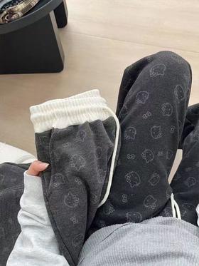 【YW】无忧购加绒款韩系可爱kitty猫腰头拼色休闲垂感阔腿糯米裤（截单后7天发货)