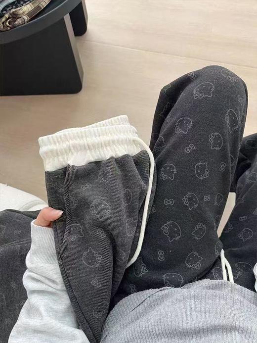 【YW】无忧购加绒款韩系可爱kitty猫腰头拼色休闲垂感阔腿糯米裤（截单后7天发货) 商品图0