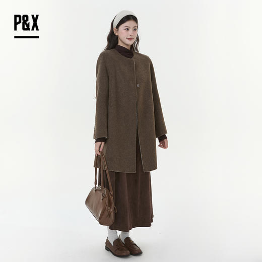 P&X设计师女装2025冬季法式长袖双面呢中长款大衣825421113 咖色 商品图3