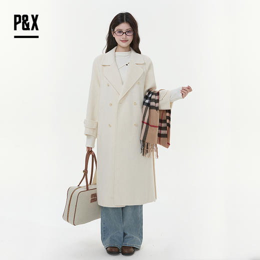 P&X设计师女装2025冬季西装领外套双面呢长款大衣 825421108 杏色 商品图1