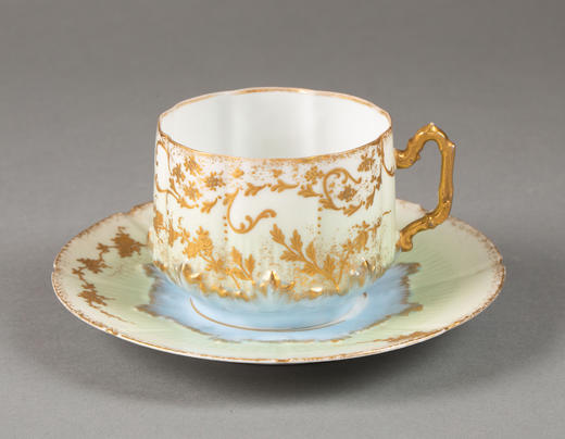 独角鹿西洋古董19世纪法国利摩日地区出品古典繁花卷叶主题手绘描金装饰青蓝色釉双人下午茶瓷器套件 商品图7