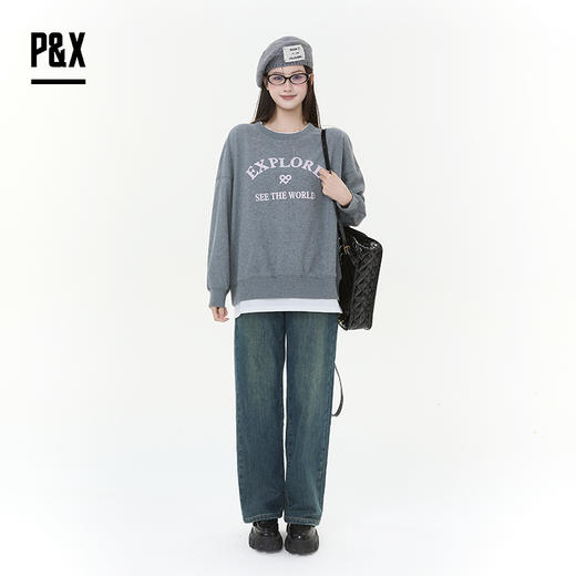 P&X设计师女装2025冬季拼接休闲风假两件短款卫衣825417152 灰色 商品图1