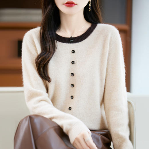 丁摩100%羊毛新款女式宽松圆领假两件拼色套头打底针织衫毛衣ALM2-452 商品图2