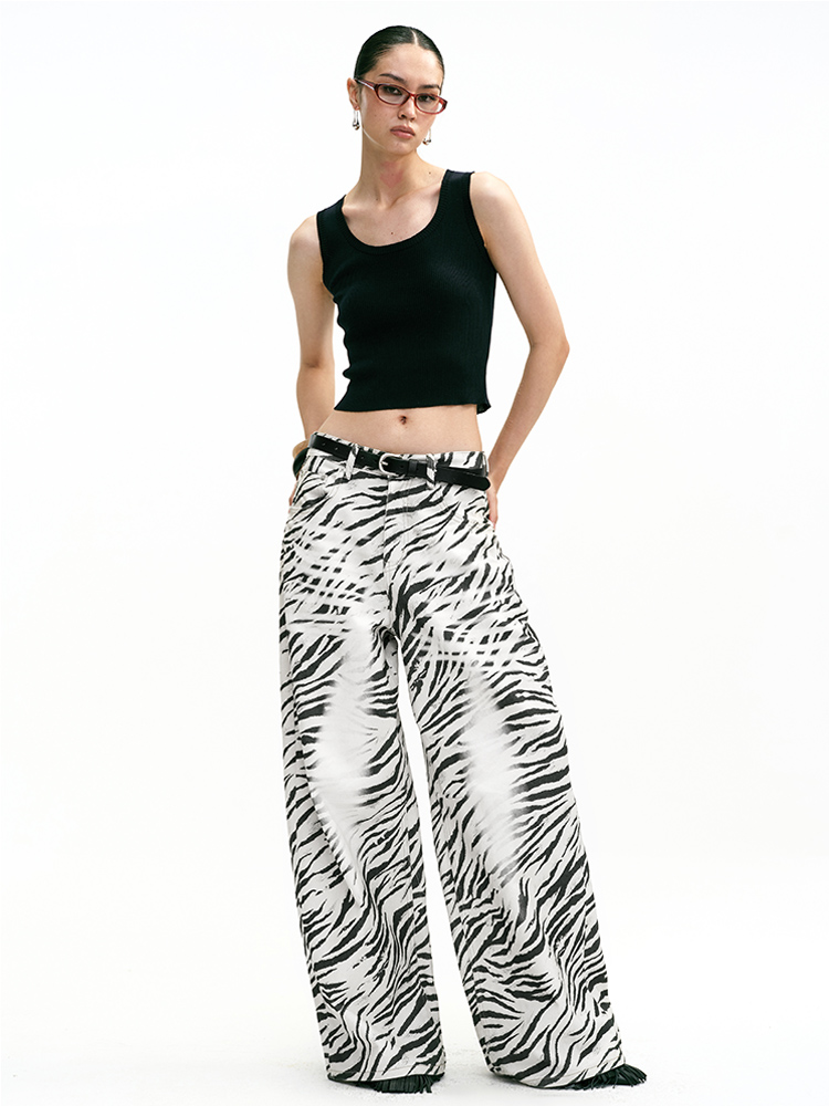 TR她热 都市游牧 黑白斑马纹印花复古百搭显瘦休闲阔腿牛仔裤