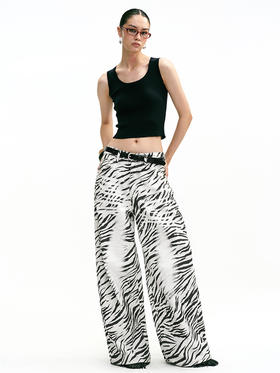 TR她热 都市游牧 黑白斑马纹印花复古百搭显瘦休闲阔腿牛仔裤