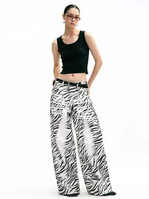 TR她热 都市游牧 黑白斑马纹印花复古百搭显瘦休闲阔腿牛仔裤 商品图0