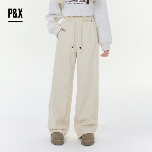 P&X设计师女装2025冬季松紧加绒抽绳针织休闲长裤825409168 杏色 商品图0