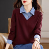 假两件毛衣女洋气秋季新款宽松衬衫领撞色上衣大码拼接长袖针织衫 商品缩略图0
