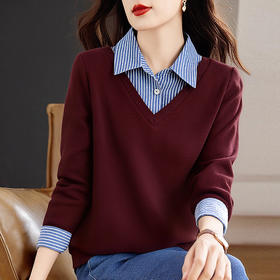 假两件毛衣女洋气秋季新款宽松衬衫领撞色上衣大码拼接长袖针织衫