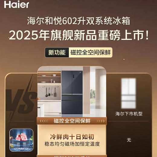 和悦-海尔超薄零嵌入式602升法式多门一级能效风冷无霜家用抽屉式四开门磁控全空间大容量冰箱 磁控全空间保鲜丨双系统丨超薄零嵌BCD-602WGHFD2BGWU1 商品图1