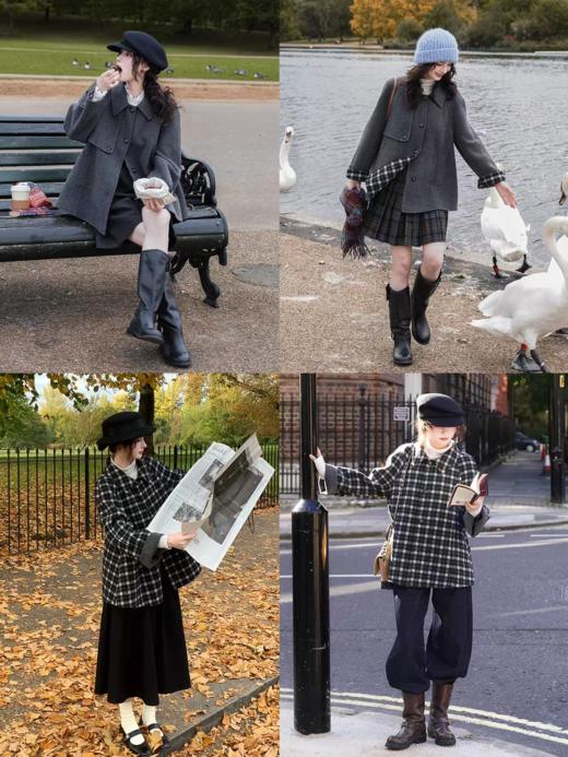 浮生八记/25C175/羊毛双面穿格纹斗篷风衣式大衣 商品图3