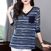 芳妮诗春夏新款条纹长袖打底衫女中长款大码V领上衣宽松显瘦t恤女 商品缩略图3