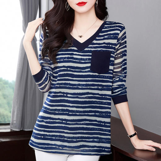芳妮诗春夏新款条纹长袖打底衫女中长款大码V领上衣宽松显瘦t恤女 商品图3