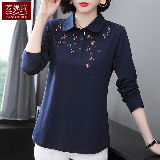 纯棉t恤女长袖中年妈妈翻领上衣大码女装女士春秋新款打底polo衫 商品图2