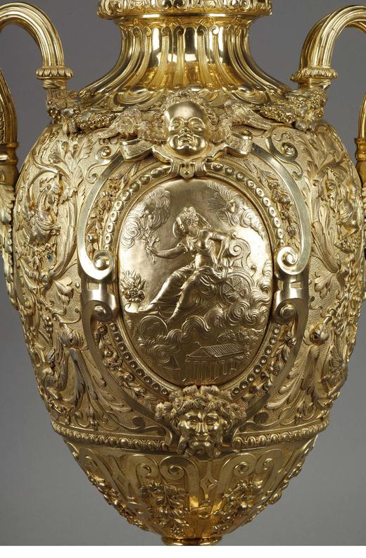 独角鹿西洋古董 19世纪法国出品新文艺复兴风格古典神话人物主题铜鎏金精雕双耳带盖花瓶 商品图3