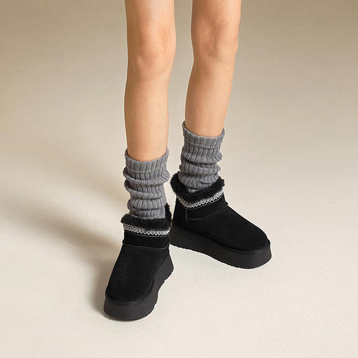 千百度厚底时尚雪地靴女增高加绒保暖短靴棉鞋暖暖靴A25702713 商品图2