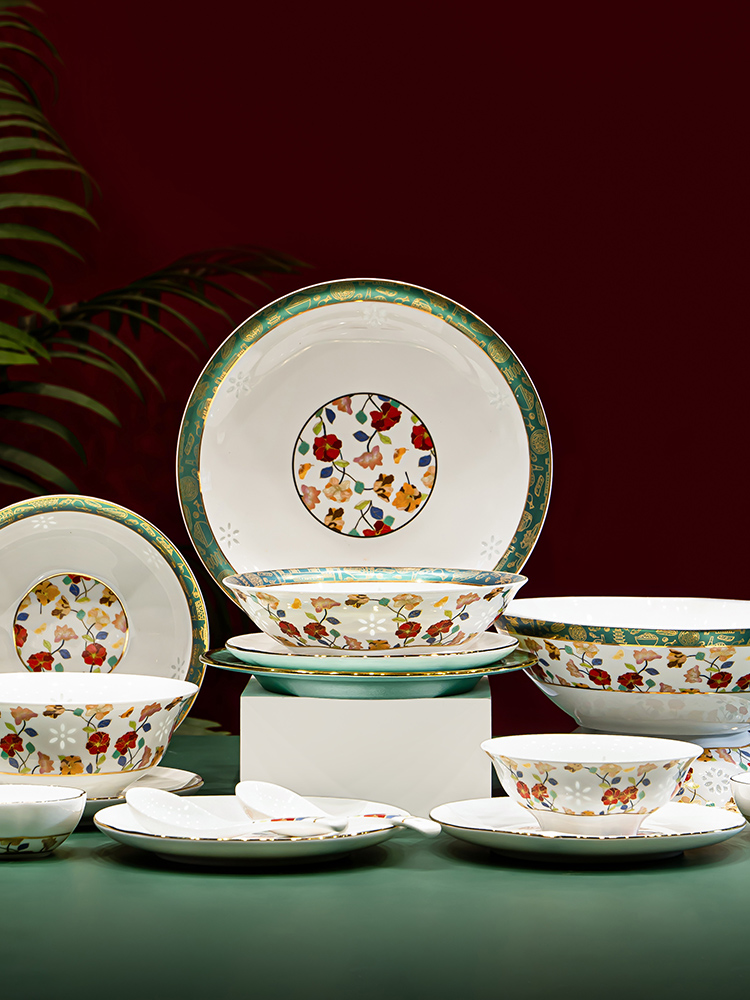富玉  景德镇玲珑瓷套组套装繁花似景餐具