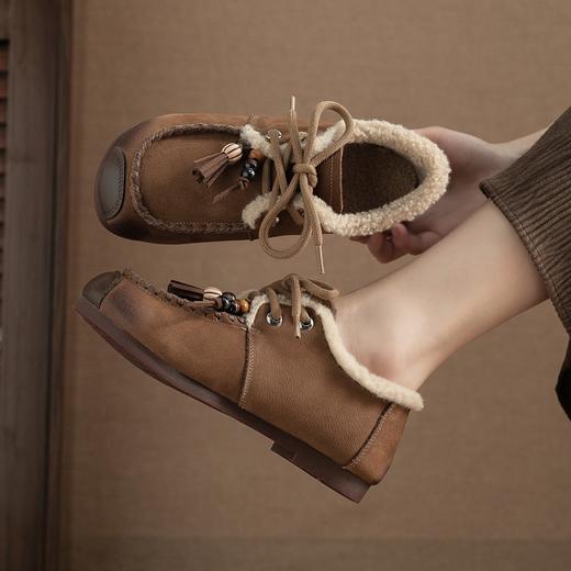 头层牛皮！2025宽脚胖脚加厚保暖皮鞋复古民族风软底软面妈妈鞋系带毛鞋！ 商品图1
