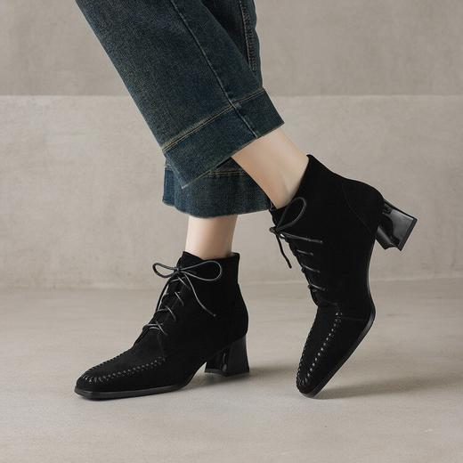 【预售5天】秋冬新款羊反皮方头舒适单靴系带显瘦切尔西短靴子女AJ&JL-878 商品图4