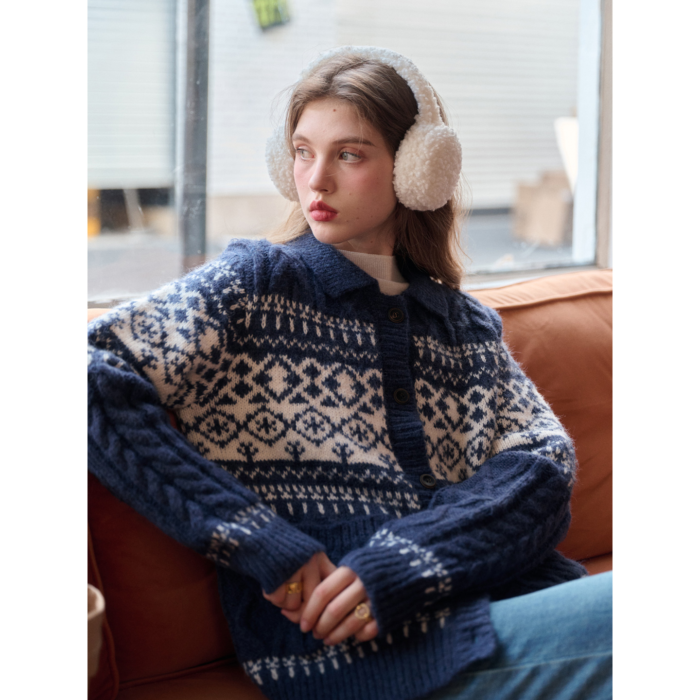 【石榴专属】SimpleRetro法式拉毛翻领费尔岛针织衫女