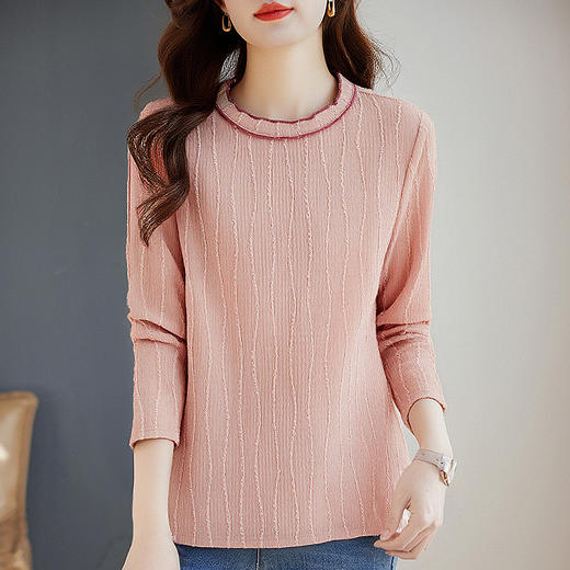 休闲圆领长袖t恤女秋季新款大码宽松显瘦遮肉粉色上衣外穿打底衫 商品图0