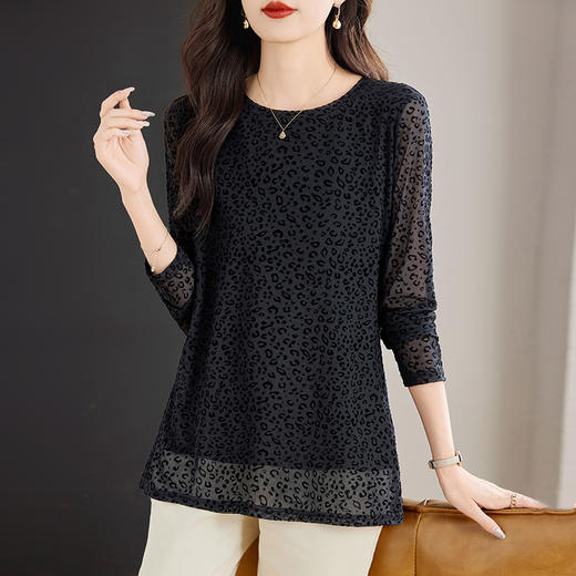 豹纹网纱打底衫女新款春秋季长袖女士t恤大码女装中长款上衣洋气 商品图2