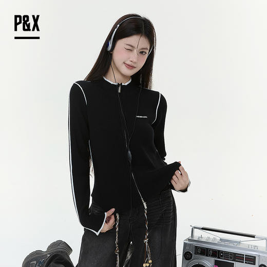 P&X设计师女装2025冬季修身立领运动拼接短款毛衣 825418191 黑色 商品图3