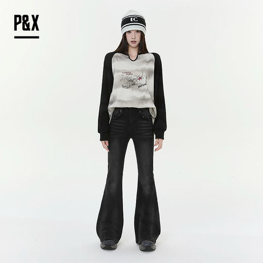 P&X设计师女装2025冬季时尚紧身微喇叭裤牛仔长裤825410167 黑色 商品图1