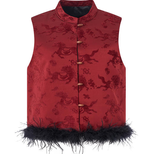 「高货wl」全新升级【铂金会员395/天猫529/差价134】(95420)洛诗琳新中式夹棉马甲2025秋冬国风鸵鸟毛无袖棉服外套女 商品图2