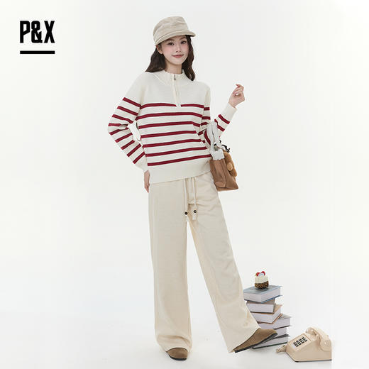P&X设计师女装2025冬季打底衫条纹针织休闲毛衣825418167 杏色 商品图2