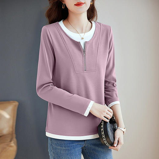 大码长袖T恤女撞色2026秋装新款宽松显瘦打底衫高级假两件上衣 商品图0