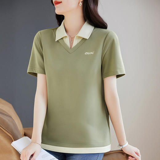 翻领短袖t恤女2026年新款夏季大码女士假两件上衣宽松女装polo衫 商品图1