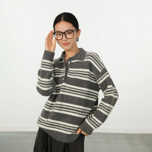 极简撞色条纹翻领套头打底针织毛衣-纪念日百货门店同款166594099 商品图1