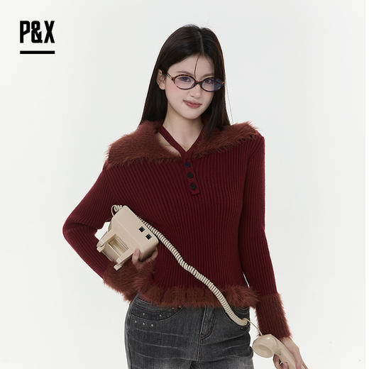 P&X设计师女装2025冬季套头法式时尚修身短款毛衣 825418189 红色 商品图0