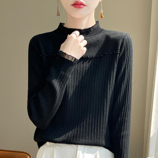 丁摩精纺羊毛新款女短款花边领蕾丝提花套头钉珠打底针织毛衣ALQT4-902 商品图3