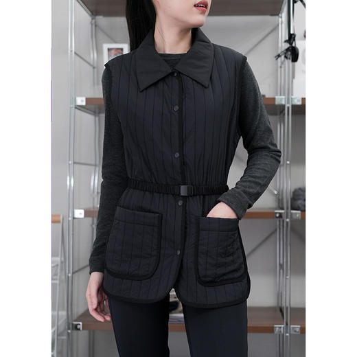 官网3900！配腰带 M家秋冬轻暖羊毛绗缝翻领无袖马甲收腰显瘦外穿背心竖条纹保暖内搭女 商品图2