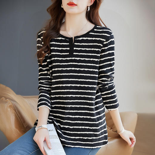 秋季大码条纹T恤女装新款显瘦宽松打底衫胖mm洋气遮肚子长袖上衣 商品图3