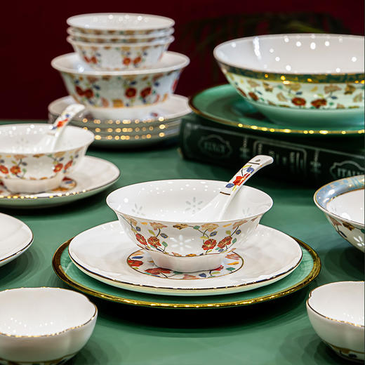富玉  景德镇玲珑瓷套组套装繁花似景餐具 商品图1