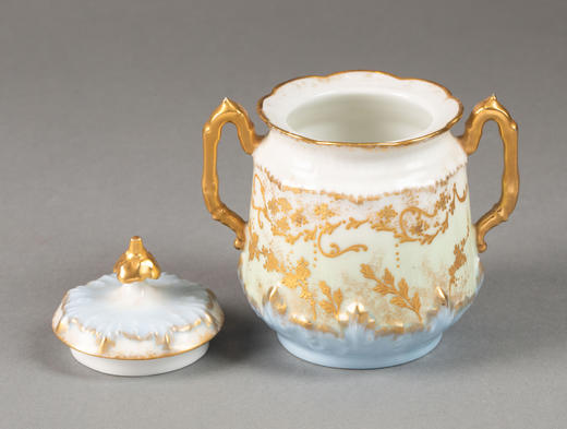 独角鹿西洋古董19世纪法国利摩日地区出品古典繁花卷叶主题手绘描金装饰青蓝色釉双人下午茶瓷器套件 商品图5