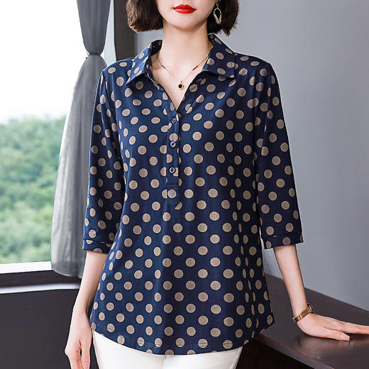 纯棉七分袖t恤上衣女春秋2026年新款大码波点中袖衫妈妈夏装短袖 商品图0
