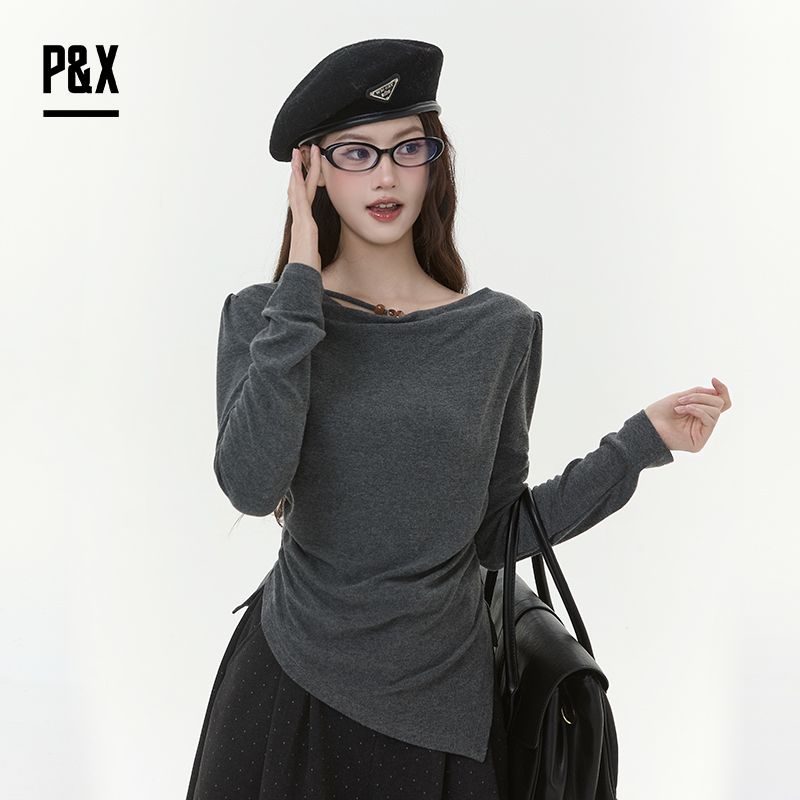 P&X设计师女装2025冬季褶皱修身长袖荡领短款T恤825402095 灰色
